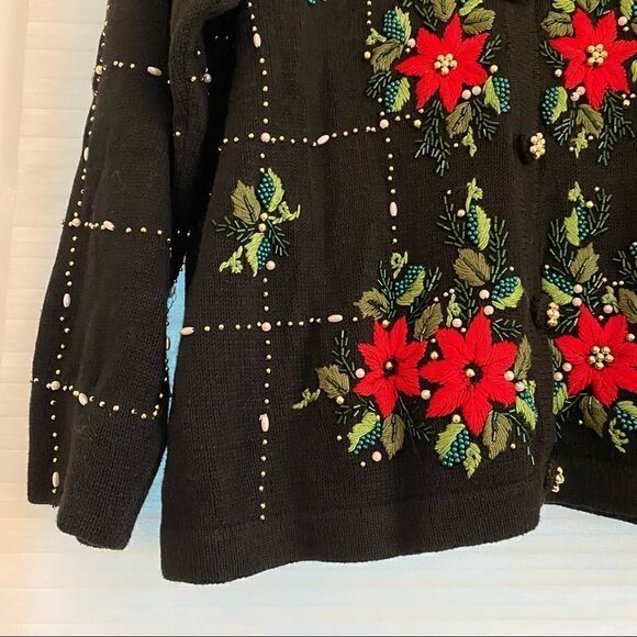 Vintage Beaded + Embroidered Christmas Holiday Poinsettia Cardigan Black + Red M - Picture 2 of 5